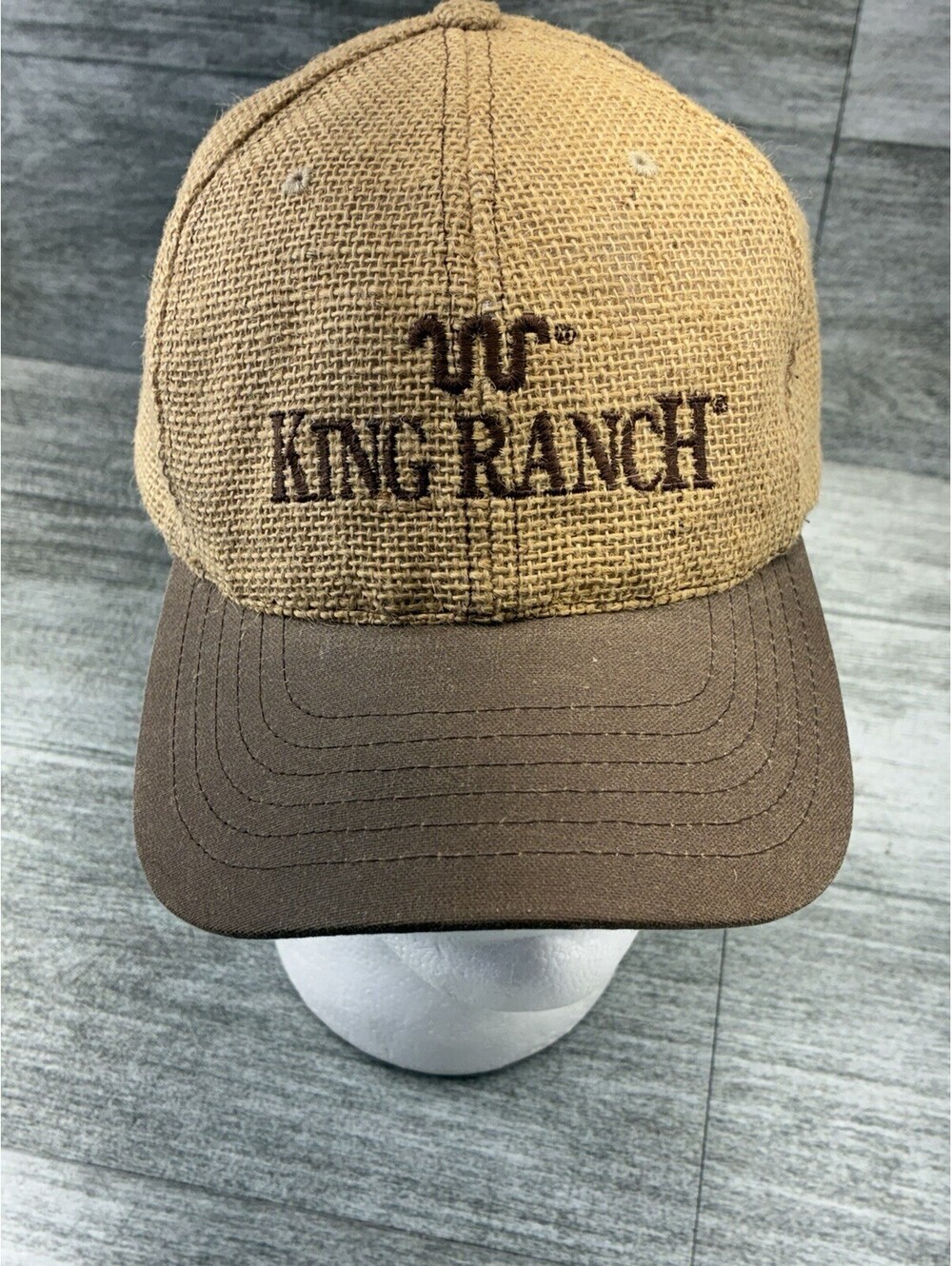 King Ranch USA Made Burlap Running W Living Legend Leather Strap Back Hat Cap TX